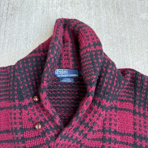Vintage POLO RALPH LAUREN Sweater Shawl Collar Plaid 100% Wool Mens - Picture 2 of 6